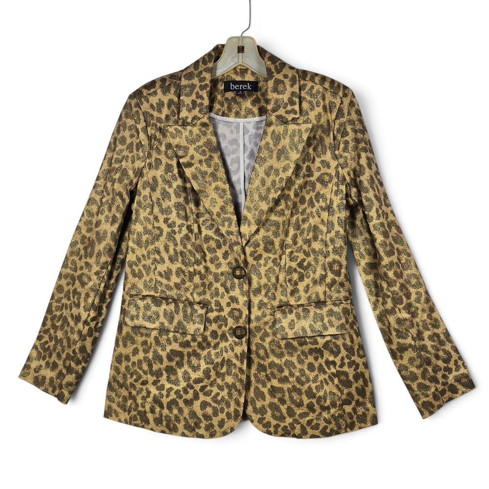 Berek Blazer Women S Leopard Gold Metallic Cotton Stretch Animal Print EUC Boho